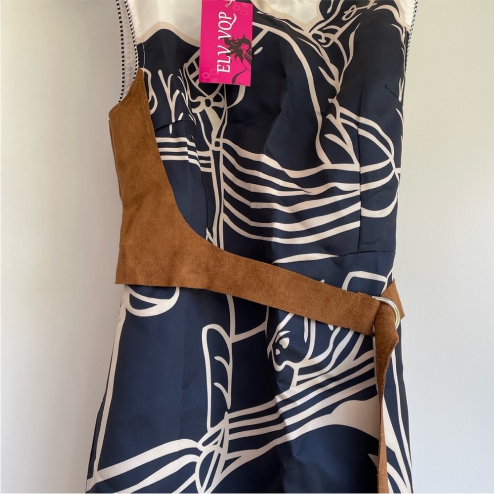 New White and Navy Horse-Belt -accent Midi dress | size S - Picture 5 of 8